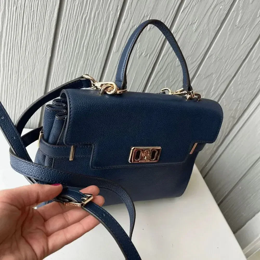 Michael Kors Navy Leather Satchel Crossbody Bag Gold Hardware Top Handle